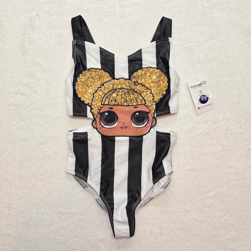 LOL Surprise One Piece Swimsuit‎ Black White Stripe Cutout Girls XS 4/5